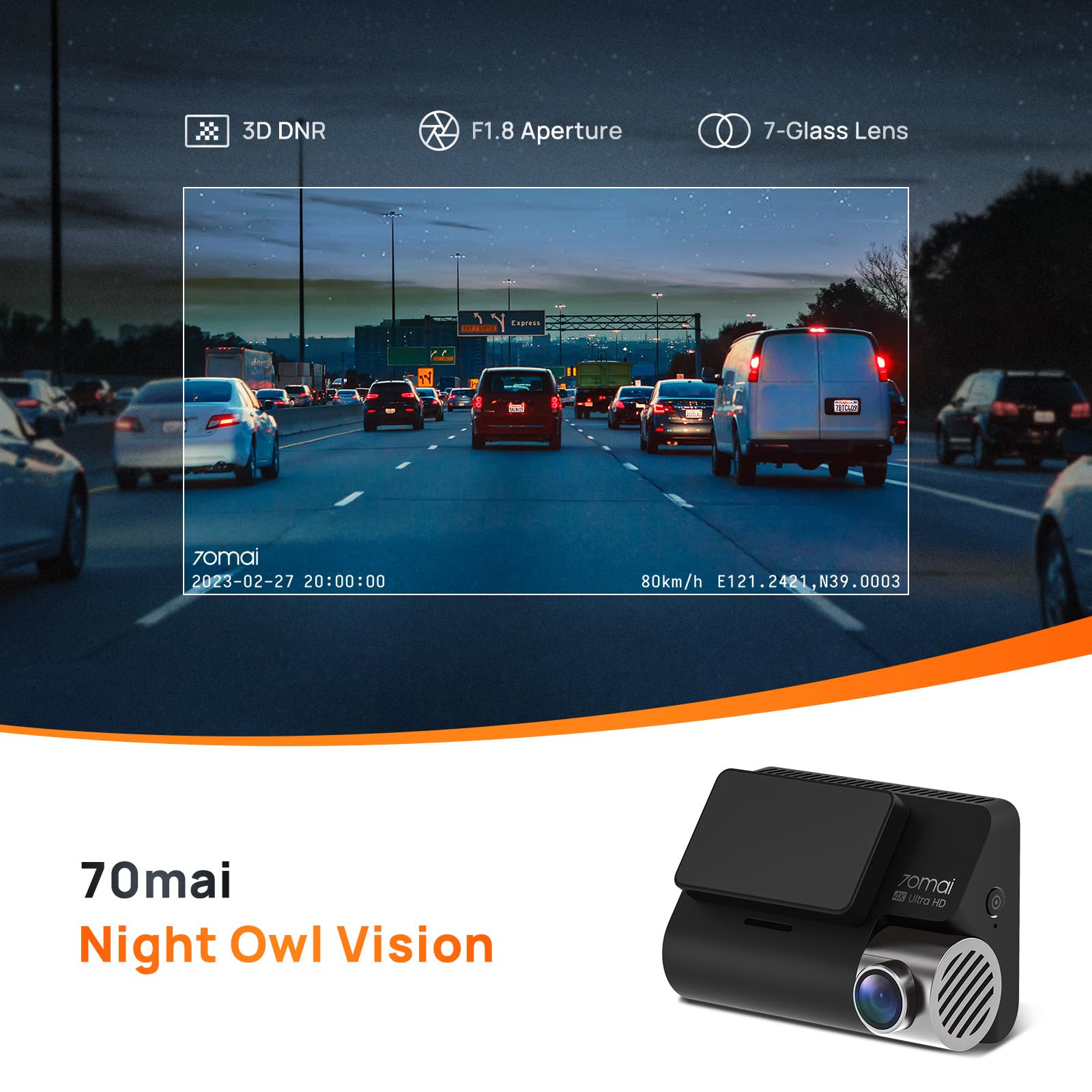 70Mai True 4K Dash Cam A800S With Sony Imx415, Front And Rear, Built In Gps, Super Night Vision, 3'' Ips Lcd, Parking Mode, Adas